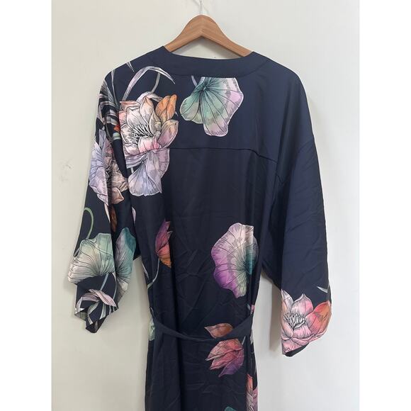 SOMA Intimates Satin Kimono Long Robe Mystical Blooms Rose Navy Women's L/XL - Picture 6 of 6
